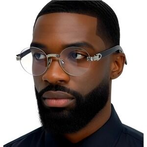 Rimless Round Sunglasses Silver Clear Lens Gold Accents Wood Arms Fashion Gafas‎